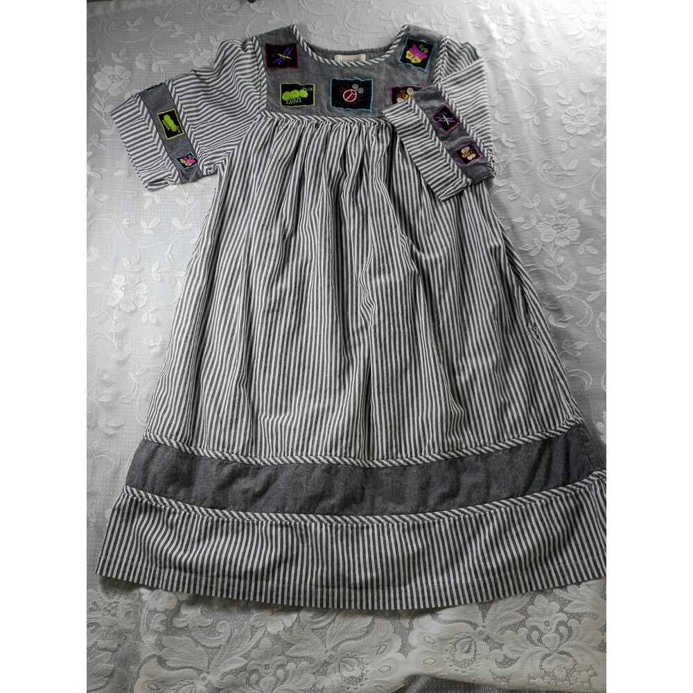 Bechamel Housedress Muumuu Striped Embroidered Insect Boho Size S